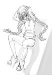  akemi_homura braid buruma danaka exercise glasses greyscale gym_uniform long_hair lying mahou_shoujo_madoka_magica midriff monochrome navel sit-up solo sweat twin_braids 