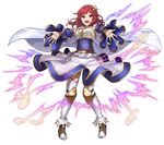  absurdres alternate_costume armor bad_id bad_pixiv_id bangs bare_shoulders beads boots constellation constellation_costume corset detached_sleeves dress fantasy frilled_sleeves frills full_body granblue_fantasy granblue_fantasy_(style) hair_ornament highres keita_(kta0) knee_pads legs_apart looking_at_viewer love_live! love_live!_school_idol_project nishikino_maki outstretched_arms purple_eyes reaching red_hair simple_background solo spread_fingers starry_sky_print sun_(symbol) swept_bangs thighhighs white_background white_legwear 