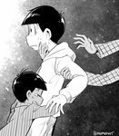  bowl_cut child crying dual_persona gradient gradient_background greyscale hood hoodie hug male_focus matsuno_osomatsu mone_(14ri0000) monochrome multiple_boys osomatsu-kun osomatsu-san scared sextuplet_(osomatsu-kun) sweat tears tougou_(osomatsu-kun) twitter_username 