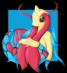  2016 black_border blue_hair border breasts female hair hi_res horn long_hair looking_at_viewer milotic nintendo pok&eacute;mon solo suirano video_games 