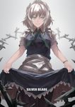  apron black_legwear blue_dress blue_eyes braid commentary_request dress dress_lift fujinohara_akihira izayoi_sakuya knife looking_at_viewer maid maid_headdress pantyhose puffy_sleeves short_hair short_sleeves silver_hair smile solo touhou twin_braids waist_apron 