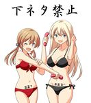  absurdres anchor_hair_ornament be_(o-hoho) bikini bismarck_(kantai_collection) blonde_hair blue_eyes commentary green_eyes hair_ornament highres kantai_collection low_twintails multiple_girls one_eye_closed prinz_eugen_(kantai_collection) standing swimsuit tally translated twintails 