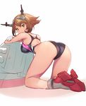  ankle_boots ass backless_outfit bent_over black_swimsuit boots breasts brown_hair competition_swimsuit crossed_arms from_behind gloves green_eyes grey_footwear hairband headgear high_heel_boots high_heels kantai_collection kneeling large_breasts looking_back matsuda_(matsukichi) mutsu_(kantai_collection) one-piece_swimsuit short_hair smile solo swimsuit trefoil white_gloves 