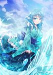  blue blue_eyes blue_hair blush cloud day frilled_kimono frills head_fins highres japanese_clothes kimono long_sleeves mermaid monster_girl obi sash satomi short_hair sky solo touhou wakasagihime water wide_sleeves 