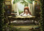  book bottle brown_hair dress elf leaf long_hair original pointy_ears potion red_eyes smile solo table vetina 