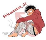  barefoot blush cigarette full_body looking_at_viewer male_focus male_masturbation mars_symbol masturbation matsuno_osomatsu osomatsu-kun osomatsu-san pants_down pornography shiyo simple_background solo sweat white_background 