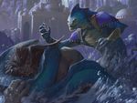 anthro armor asphyxiation bracers city cityscape claws coiling crest drowning duo fight lake_hurwitz magic_the_gathering mammal naga nipples official_art partially_submerged scalie struggling topless 