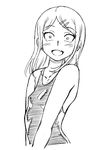  :d blush breasts covered_nipples dagashi_kashi ear_piercing endou_saya fang fukudahda greyscale hair_ornament hairclip long_hair looking_at_viewer monochrome open_mouth piercing simple_background small_breasts smile solo white_background 