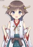  bare_shoulders blue_eyes brown_hair clenched_hands detached_sleeves fang hairband headgear hiei_(kantai_collection) japanese_clothes kantai_collection looking_at_viewer nayuhi_(yukimuu14) nontraditional_miko open_mouth ribbon-trimmed_sleeves ribbon_trim short_hair smile solo 
