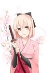  ahoge black_bow black_gloves blush bow cherry_blossoms commentary_request elbow_gloves fate_(series) gloves grey_eyes hair_bow hakama highres japanese_clothes katana kimono koha-ace looking_at_viewer meiji_schoolgirl_uniform okita_souji_(fate) okita_souji_(fate)_(all) pink_hair purple_hakama short_hair smile solo sword type-moon weapon y_neru 