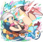  &gt;o&lt; beanie black_legwear blue_eyes blue_hair blush boots bracelet buneary eyelashes gen_4_pokemon hair_ornament hairclip hat hikari_(pokemon) jewelry kneehighs legs_up long_hair looking_at_viewer own_hands_together pachirisu pink_footwear pink_skirt piplup pleated_skirt pokemon pokemon_(anime) pokemon_(creature) saitou_naoki scarf sidelocks skirt sleeveless smile star wristband 