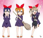  blue_hair broom brown_eyes brown_hair cat cosplay kousaka_honoka long_hair love_live! love_live!_school_idol_project majo_no_takkyuubin minami_kotori multiple_girls one_side_up orange_hair smile sonoda_umi sooki yellow_eyes 