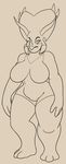  anthro beauty_mark breasts clothing dinosaur eyelashes female general_zera horn monochrome nsfwthingshappen_(artist) scalie simple_background solo standing swimsuit teenage_mutant_ninja_turtles teeth triceratops 