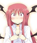  bat_wings black_bra blush bra breasts chata_maru_(irori_sabou) cleavage collarbone collared_shirt commentary_request dress_shirt ears_up embarrassed frown head_wings koakuma long_hair looking_at_viewer low_wings medium_breasts narrowed_eyes red_eyes red_hair shirt simple_background solo surprised touhou underwear undressing wavy_mouth white_background white_shirt wide-eyed wings 