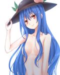  adjusting_headwear areolae awai_shiro bad_id bad_pixiv_id black_hat blue_hair breasts collarbone commentary_request eyebrows_visible_through_hair food fruit hair_between_eyes hair_censor hand_up hat head_tilt hinanawi_tenshi leaf long_hair looking_at_viewer nude peach profile red_eyes sidelocks small_breasts smile solo touhou upper_body very_long_hair white_background 
