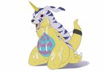  bound_tail cum cum_covered digimon digital_media_(artwork) dreiker featureless_crotch gabumon hands_behind_back horn kneeling messy open_mouth pelt scalie signature slightly_chubby solo tongue tongue_out 