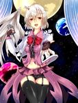  adapted_costume bow bowtie dress earth fingerless_gloves fujimori_tonkatsu garter_straps gloves hair_between_eyes highres idol jacket kishin_sagume long_sleeves microphone moon open_clothes open_mouth purple_dress red_eyes short_hair silver_hair single_wing smile solo touhou wings 