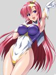  :d armpits blush breasts covered_navel gloves grey_background groin gundam gundam_seed gundam_seed_destiny hair_ornament highleg highleg_leotard large_breasts leotard long_hair meer_campbell open_mouth outstretched_arm pink_hair purple_eyes purple_leotard sen_(sansui) shiny shiny_clothes shiny_hair simple_background smile solo star star_hair_ornament v white_leotard 