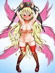 alternate_costume areola_slip areolae armpits arms_up ass_visible_through_thighs bikini blonde_hair blush boots breasts cleavage commentary_request covered_nipples crescent fangs fox_tail hat highres junko_(touhou) kuranosuke large_breasts long_hair looking_at_viewer micro_bikini mouth_hold navel red_bikini red_eyes red_legwear solo swimsuit tail thigh_boots thighhighs touhou very_long_hair 
