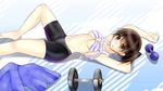  armpits bike_shorts black_shorts bra breasts brown_eyes brown_hair kaga_(kantai_collection) kantai_collection lying medium_breasts navel on_back shirt_lift shorts sideboob solo sonyntendo striped striped_bra underboob underwear 