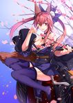  animal_ears breasts cherry_blossoms cleavage detached_sleeves fate/extra fate_(series) fox_ears fox_tail hair_ribbon highres japanese_clothes jh medium_breasts pink_hair ribbon solo tail tamamo_(fate)_(all) tamamo_no_mae_(fate) twintails yellow_eyes 