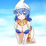  ;) all_fours bikini blue_bikini blue_eyes blue_hair blue_sky breasts c: cato_(monocatienus) cleavage closed_mouth cloud commentary day hat large_breasts letty_whiterock looking_at_viewer one_eye_closed scarf sky smile snow solo swimsuit touhou triangular_headpiece 