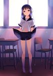  akesaka_iku backlighting bangs blouse chair classroom closed_mouth desk full_body indoors kneehighs legs_apart lifted_by_self long_hair looking_at_viewer messy_hair miniskirt no_shoes original pleated_skirt purple_eyes purple_hair school_desk school_uniform see-through serafuku short_sleeves skirt skirt_lift smile solo standing untied white_blouse white_legwear window 