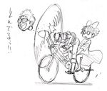  1girl bicycle commentary_request decapitation ground_vehicle highres kiki majo_no_takkyuubin monochrome multiple_riders murata_yuusuke o_o propeller riding sketch tombo translation_request 