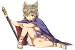  bad_id bad_twitter_id belt brown_eyes cape dress earmuffs full_body hasebe_yuusaku looking_at_viewer open_mouth sandals short_hair simple_background sitting smile socks solo sword touhou toyosatomimi_no_miko weapon white_background 