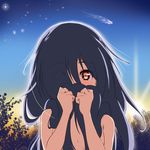  azumawari_(azumofu) backlighting black_hair blue_hair blush comet commentary_request covered_mouth covering covering_breasts covering_mouth diffraction_spikes embarrassed hair_over_breasts hair_over_one_eye hands_together holding holding_hair long_hair looking_at_viewer nature nude one_eye_covered orange_eyes outdoors own_hands_together plant shooting_star sky solo star_(sky) sunlight sunset the_ring twilight upper_body yamamura_sadako 