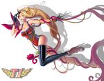  absurdres alternate_costume barefoot blonde_hair boots breasts cleavage eyewear_removed full_body gloves headphones highres league_of_legends long_hair medium_breasts myurumyuru open_mouth orange_eyes plant simple_background sk_telecom_t1 skt_t1_zyra solo sunglasses thighhighs vines white_background zyra 