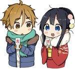  1girl black_hair blue_eyes blush_stickers brown_eyes brown_hair chibi coat hair_bun japanese_clothes kimono kitashirakawa_tamako long_hair lowres momose_(oqo) ooji_mochizou paper short_hair tamako_market 