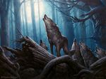  canine eyes_closed feral filip_burburan forest full_moon group howl low-angle_view magic_the_gathering mammal moon night official_art open_mouth outside quadruped sharp_teeth signature teeth tree trunk wolf wotc 