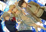  2boys aldnoah.zero asseylum_vers_allusia belt blonde_hair blue_eyes brown_eyes brown_hair collarbone dutch_angle gloves hand_on_own_stomach jacket kaizuka_inaho long_hair looking_at_viewer lying midriff multiple_boys navel necktie off-shoulder_shirt off_shoulder on_back open_mouth outstretched_hand red_eyes red_neckwear sakamuke school_uniform shirt silver_hair slaine_troyard tiles vest white_gloves 