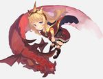  :d bangs black_legwear blonde_hair boots bow cagliostro_(granblue_fantasy) cape crown dragon granblue_fantasy hairband headband knee_boots leaning_forward long_hair looking_at_viewer open_mouth purple_eyes red_skirt simple_background skirt smile smirk solo thighhighs yoo_(tabi_no_shiori) 