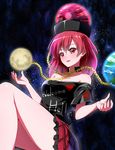  bare_shoulders chain clothes_writing collar dezuko_(dezuko_no_heya) earth_(ornament) hat hecatia_lapislazuli md5_mismatch miniskirt moon_(ornament) off-shoulder_shirt off_shoulder polos_crown red_eyes red_hair shirt short_hair skirt smile solo t-shirt thighs touhou 