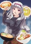  bowl chopsticks food grey_sweater hairband hand_on_own_face holding holding_chopsticks idolmaster idolmaster_(classic) long_hair long_sleeves noodles plaid purple_eyes purple_hairband ramen shijou_takane silver_hair smile solo steam sweater tsukimura 