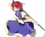  coin dress grin hair_bobbles hair_ornament hasebe_yuusaku image_sample looking_at_viewer obi onozuka_komachi puffy_sleeves red_eyes red_hair sash scythe short_sleeves simple_background smile solo touhou twitter_sample two_side_up white_background 