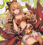  :d black_gloves blonde_hair breasts cleavage fingers_to_cheek gloves granblue_fantasy hair_ornament long_hair midriff momoko_(momopoco) navel open_mouth orange_eyes small_breasts smile solo teeth thighhighs thighs vira_lilie 