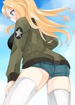  ass blonde_hair blue_eyes blush breasts cloud day girls_und_panzer hand_on_own_thigh highres ichiko_(ichi) jacket kay_(girls_und_panzer) long_hair medium_breasts military military_uniform open_mouth saunders_military_uniform short_shorts shorts sky smile solo thighhighs uniform white_legwear 