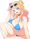  :d asymmetrical_hair belly bikini blonde_hair blue_bikini blue_eyes blush breast_press breasts choker cleavage eyewear_on_head fat_folds fingernails galko hair_ribbon large_breasts long_fingernails long_hair looking_at_viewer nail_polish navel one_side_up onsoku_maru open_mouth oshiete!_galko-chan plump ribbon scrunchie side_bun smile solo string_bikini sunglasses swimsuit 