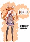  2015 animal_ears arm_behind_back black_legwear brown_eyes brown_hair bunny_ears cardigan dango_remi dated extra_ears highres long_hair open_mouth original salute school_uniform shirt shoes skirt sleeveless smile solo tail thighhighs two_side_up zettai_ryouiki 