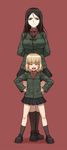  :d ^_^ arms_behind_back bags_under_eyes black_hair black_skirt blonde_hair blue_eyes breasts closed_eyes didloaded fang frown girls_und_panzer hair_between_eyes hands_on_hips highres jacket katyusha kneehighs long_hair medium_breasts military military_uniform multiple_girls nonna open_mouth pleated_skirt pravda_school_uniform red_background shoes short_hair skirt smile socks standing uniform 