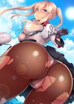 ass black_gloves black_legwear black_skirt blonde_hair blue_eyes blue_sky blurry blush bokeh breasts brown_legwear cameltoe capelet celtic_knot cloud day depth_of_field floating_hair from_behind from_below gloves graf_zeppelin_(kantai_collection) hair_between_eyes hat hat_removed headwear_removed kantai_collection large_breasts lens_flare long_hair long_sleeves looking_at_viewer miniskirt no_bra ocean outdoors panties panties_under_pantyhose pantyhose partially_visible_vulva pleated_skirt see-through shirt sidelocks skirt sky solo sparkle sun thigh_gap torn_clothes torn_legwear torn_shirt torn_skirt twintails underwear upskirt white_panties xayux 