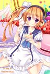  barefoot brown_hair cake food food_on_face fork fruit hair_ribbon headphones highres licking_lips long_hair looking_at_viewer macaron p-ko pocky purple_eyes rari ribbon side_ponytail sitting slice_of_cake smile solo sound_voltex strawberry strawberry_shortcake tongue tongue_out wariza white_ribbon 