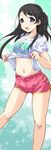  :d black_hair clothes_writing gym_shorts hirowa_nagi idolmaster idolmaster_cinderella_girls kurihara_nene lifted_by_self long_hair navel open_mouth shirt_lift shorts smile solo 