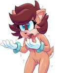  anthro blue_eyes blush breasts brown_hair bump_the_deer cervine clothing deer extraspecialzone eyelashes fan_character female fur gloves hair mammal mostly_nude navel open_mouth pussy simple_background solo sonic_(series) sweat tan_fur white_background 