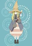  black_mage black_mage_(fft) blonde_hair blue_background coat expressionless final_fantasy final_fantasy_tactics fur_trim hat highres impossible_clothes jolin0323 long_hair looking_at_viewer robe simple_background solo staff standing wand weapon witch_hat 
