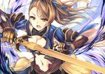  armor bangs beatrix_(granblue_fantasy) blue_ribbon breasts brown_eyes brown_hair cleavage cleavage_cutout crop_top eyelashes gauntlets granblue_fantasy hair_ribbon highres holding holding_sword holding_weapon large_breasts long_hair looking_at_viewer navel open_mouth otogi_kyouka ponytail ribbon solo stomach swept_bangs sword upper_body weapon 