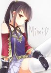  atelier_(series) atelier_meruru black_hair brown_hair character_name detached_sleeves etsuo long_hair looking_at_viewer mimi_houllier_von_schwarzlang pleated_skirt skirt solo thighhighs white_legwear white_skirt zettai_ryouiki 